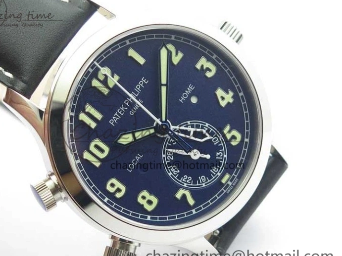 MIROTIME 0122 Practical Calatrava 5524 Pilot Travel Time SS GRF Blue Dial on Black Leather Strap A324 V 7107